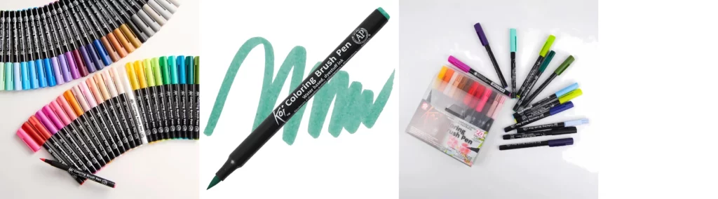 the left hand image is of the variwty of watercolour pens splayed out across a surface showing all the different colours in the sets. the middle image is a close up of one pen with a green squiggle behind it. it shows the brush tip the pen has. the right hand image is of the pens in the packaging and splayed out on a table. all on white backgrounds