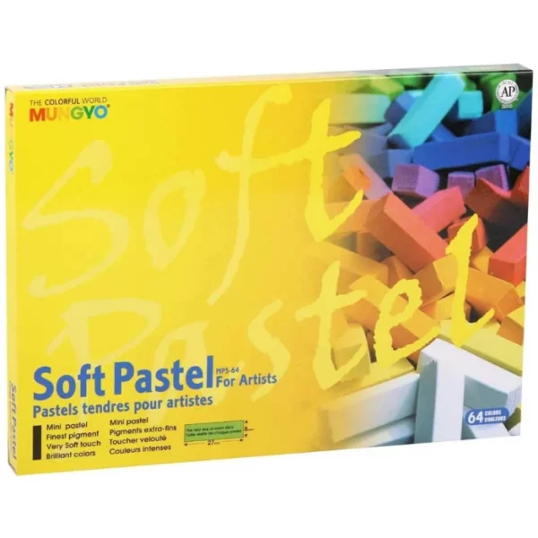 A Set of 64 Mungyo Soft Pastels is shown, horizontally, at a slight angle, across the center of the frame. The box is yellow and has the Mungyo logo printed in the top left hand corner. There is an image of a pile of soft pastels of all different colours, along the right hand side of the box. The image is center of the frame and on white background.