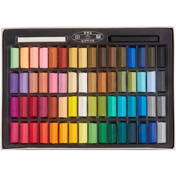 The bottom tray of a Set of 64 Mungyo Soft Pastels is shown in the center of the frame, horizontally. Each pastel is short and rectangular in shape and a different colour. They are laying in a black molded plastic container that fits on the inside of the box. On a white background.