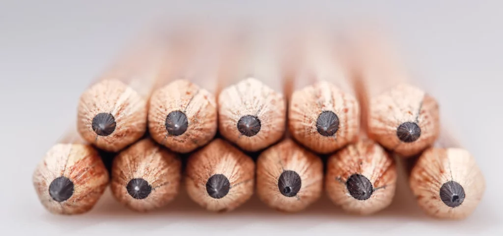 in the center of the image are two rows of pencils. they are sitting on top of eachother. they are nib facing forawrd and the rest of the pencil is tapered off behind it. they are brown cased pencils with grey graphite nubs. they are on an off white background