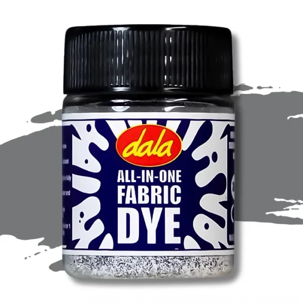 A single plastic bottle of Slate Grey Dala All-In-One Fabric Dye is shown in the center of the frame. The bottle has a black, plastic, screw on lid and there is a printed label around the body of the bottle that has a splash printed on it and the Dala logo as well as the name of the product. There is a swatch in the background that denotes the colour of the dye. On a white background.