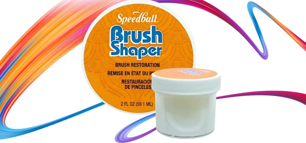 Speedball Brush Shaper 59ml. A single tub is shown with an enlarged image of the tub top behind it. The tub top is orange with blue writing. The tib is seen from the side view and is clear so you can see the white liquid inside. Center of the frame infront of a rainbow squiggle line that runs across the background on a white background.