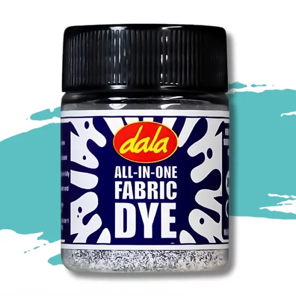 A single plastic bottle of Turquoise Dala All-In-One Fabric Dye is shown in the center of the frame. The bottle has a black, plastic, screw on lid and there is a printed label around the body of the bottle that has a splash printed on it and the Dala logo as well as the name of the product. There is a swatch in the background that denotes the colour of the dye. On a white background.