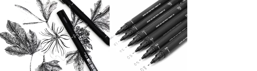 the left hand side image is of a drawing done using the uni pin pens. on a blank white notebook. they have drawn flowers in the black ink. resting on top are two pens that were used to do it. the right hand image is a close up of a few of the pens with no lids on showing the different nib sizes. on a white background