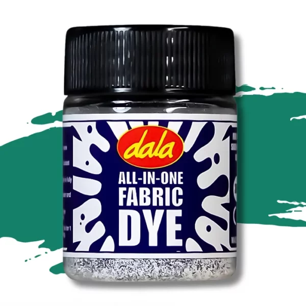 A single plastic bottle of Viridian Dala All-In-One Fabric Dye is shown in the center of the frame. The bottle has a black, plastic, screw on lid and there is a printed label around the body of the bottle that has a splash printed on it and the Dala logo as well as the name of the product. There is a swatch in the background that denotes the colour of the dye. On a white background.