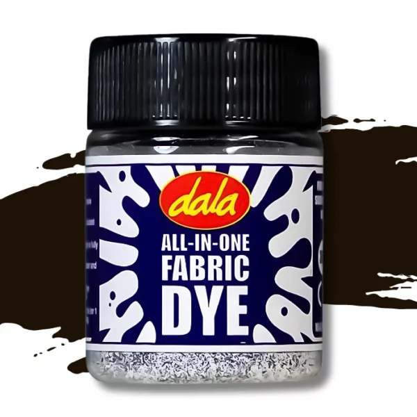 A single plastic bottle of Warm Black Dala All-In-One Fabric Dye is shown in the center of the frame. The bottle has a black, plastic, screw on lid and there is a printed label around the body of the bottle that has a splash printed on it and the Dala logo as well as the name of the product. There is a swatch in the background that denotes the colour of the dye. On a white background.