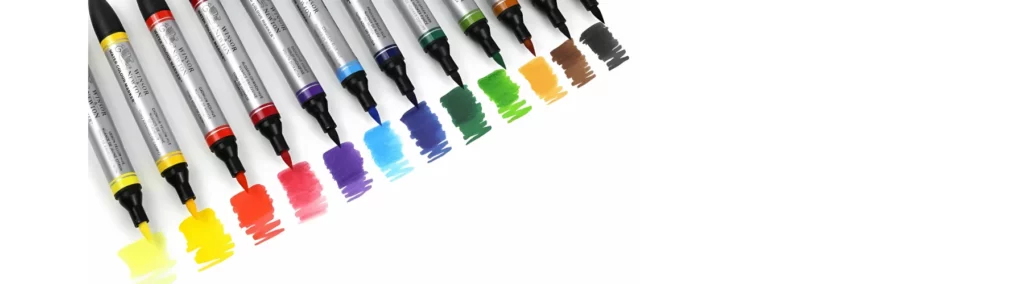 across the top of the image are the tops of a rainbow selection of the winsor and newton watercolor markers. they all have their caps off and have drawn zigzag lines right infront of them showing the intense pigment in the product. they are in a neat line and on a white background