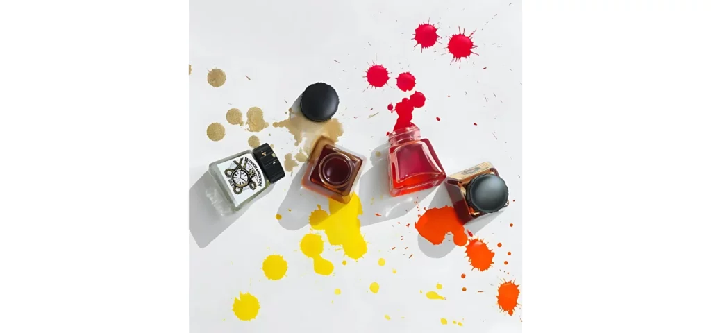 in the center of the image are four bottle of the ink. two are lying on their side with the ink spilling out and one is on its side with the lid closed. two are standing upright. there are splotches of ink across the paper. in red, yellow and gold. on a white background