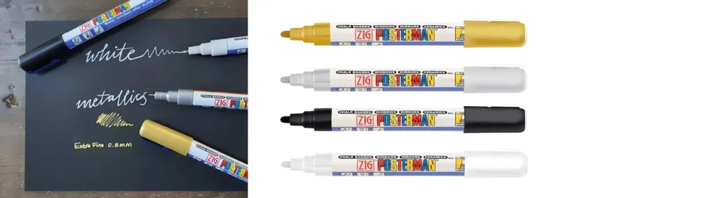 on the left hand image there is a black board with the markers in black, gold, silver and white sitting on it. the y have all written little words and lines on it showing how they work on dark surfaces. on a wooden tabletop. on the right hand image there are four pens. gold, silver, black and white all lying horizontally on top of eachother evenly spaced nibs facing left and caps on the back of them. they are on a white background. 