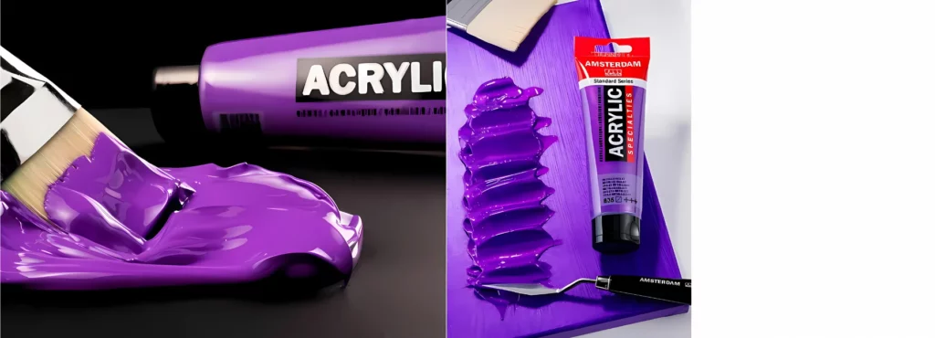 the left image is of a paintbrush being dipped into the amsterdam acrylic that has been poured onto the surface. the tube of amsterdam is lying on its side behind it. it is a vibrant purple colour. the image in the right is of a purple amsterdam paint that has been poured out and is being used to texture the painting with a palette knife on a painted purple canvas on a white table