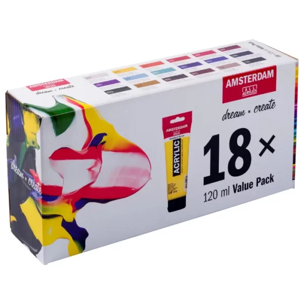 A Amsterdam Standard Series Acrylic Paint Set Value Pack 18's is shown in it's box. The box is white and is printed with the Amsterdam logo and product details and an image of some paint. On a white background.