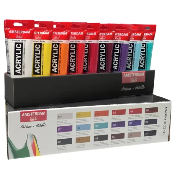 A Amsterdam Standard Series Acrylic Paint Set Value Pack 18's is shown in the frame. The box is at the bottom and the tray holding the 18 tubes is sitting on top of the box. On a white background.