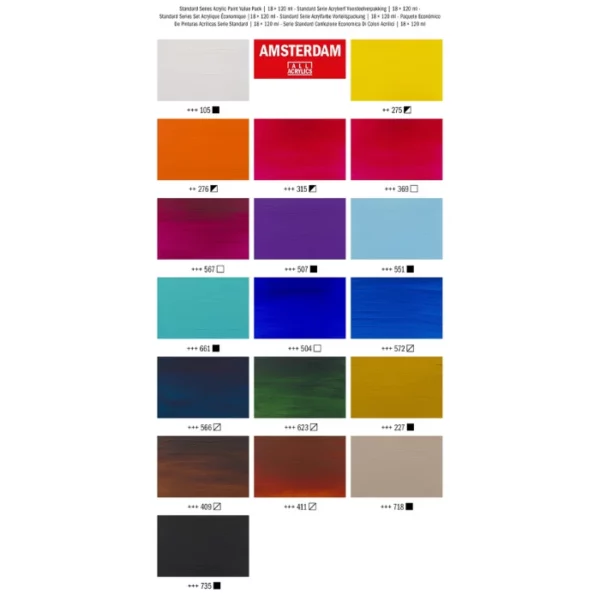 A colour chart for teh Amsterdam Standard Series Acrylic Paint Set Value Pack 18's. There are 18 blocks of colour with the colour codes and names below each block. On a white background.