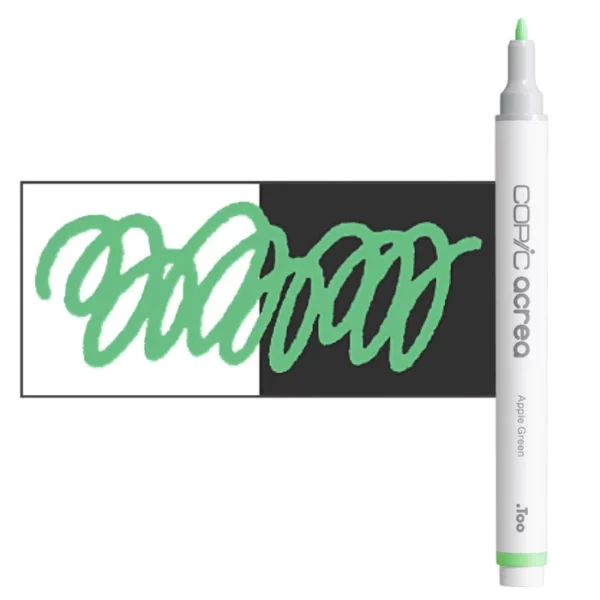 A single Apple Green Copic Acrea Paint Marker is shown standing vertically along the right hand side of the frame. The marker does not have a lid on, so you can see the round bullet tip. The marker is white with a colour band around the bottom of the marker barrel that denotes the colour of the ink. There is a rectangular colour swatch to the left of the marker, and slightly under the marker. The ink is shown on a squiggle that is overlayed on a white and black bakground so you can see the ink is opaque. The image is center of the frame and on a white background.