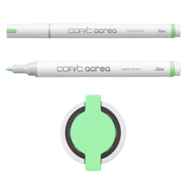 Two Apple Green Copic Acrea Paint Markers are shown, laying horizontally, one below the other, at the top of the frame. The marker at the top has a lid on and the marker below it has no lid. The markers are white and have a colour band around the base of the barrel that denotes the colour of the ink. The Copic Acrea logo is printed on the barrel of the marker with the colour name. The top of a lid can be seen in the center, bottom of the frame. There is a coloured circle on the cap that denotes the colour of the ink. The image is center of the frame and on a white background.