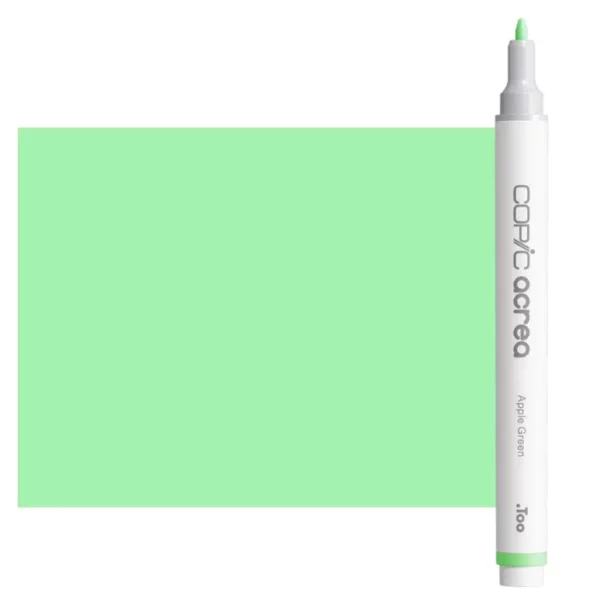 A single Apple Green Copic Acrea Paint Marker is shown standing vertically along the right hand side of the frame. The marker does not have a lid on, so you can see the round bullet tip. The marker is white with a colour band around the bottom of the marker barrel that denotes the colour of the ink. The Copic Acrea logo and colour name are printed on the barrel of the marker. There is a large, rectangular colour block to the left of the marker, and just underneath the marker that is filled with the colour of the ink. The image is center of the frame and on a white background.