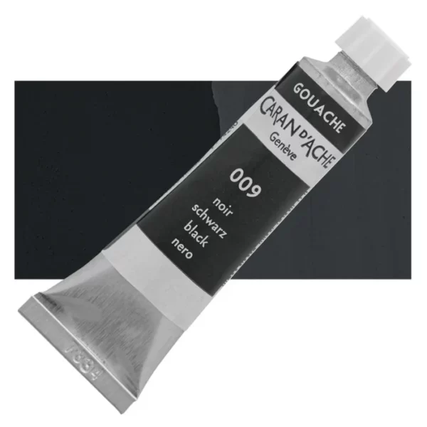 A single Black Caran D'Ache Studio Gouache Tube is shown diagonally across the center of the frame, overlapping a rectangular colour swatch in the background, which denotes the colour of the paint. The tube is silver and has a label around the body of the tube, that is printed in the colour of the paint. The Caran D'Ache logo, Paint Colour and details are printed on the label. The tube has a white plastic screw on cap. On a white background.