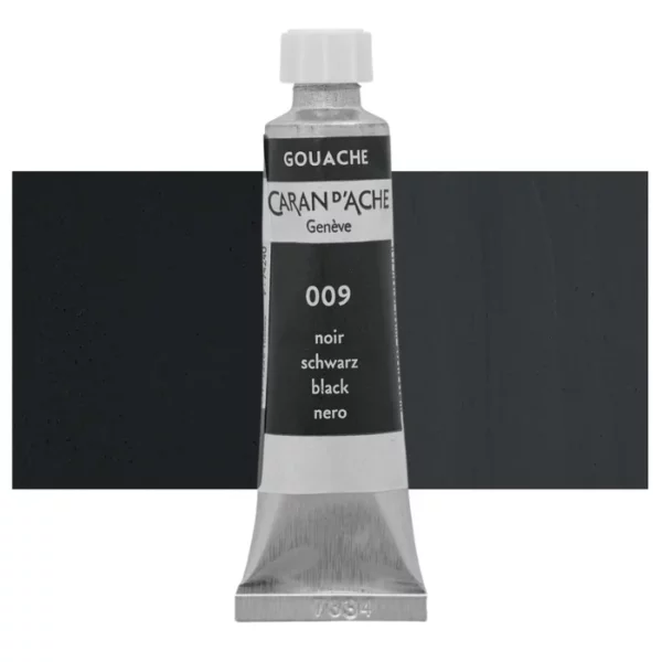 A single Black Caran D'Ache Studio Gouache Tube is shown vertically in the center of the frame, overlapping a rectangular colour swatch in the background, which denotes the colour of the paint. The tube is silver and has a label around the body of the tube, that is printed in the colour of the paint. The Caran D'Ache logo, Paint Colour and details are printed on the label. The tube has a white plastic screw on cap. On a white background.