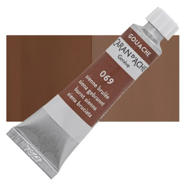 A single Burnt Sienna Caran D'Ache Studio Gouache Tube is shown diagonally across the center of the frame, overlapping a rectangular colour swatch in the background, which denotes the colour of the paint. The tube is silver and has a label around the body of the tube, that is printed in the colour of the paint. The Caran D'Ache logo, Paint Colour and details are printed on the label. The tube has a white plastic screw on cap. On a white background.