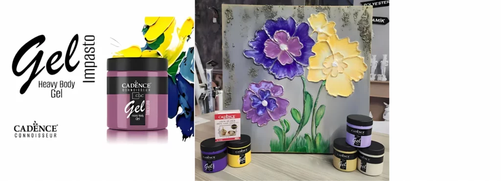 the left hand side of the image is the cadence logo with the name of the product in black font. there is a purple gel in a tub on the right with some textured paint in yellow and blue behind it. the right hand image is of an artwork done using the acrylic gel. it is of flowers in yellow, blues purples and greens. infront of the canvas are the tubs of cadence that have been used.