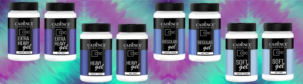 the cadence connoisser gels are in sets of two in a zigzag pattern on the image. they are on a blurred colour background of purple and teal. they are white tubs, with blue labels and black lids