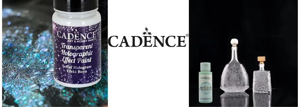 the left hand side is an image showing the holographic paint smeared onto a black surface showing off all the glitter and texture in the paint above it is a bottle of the paint wihich is white and has a purple label and a black lid. the center is the cadence logo in black and the right is a black background with two glass carraffs that have been etched on and a bottle of glass etching cream on the bottom left of the image