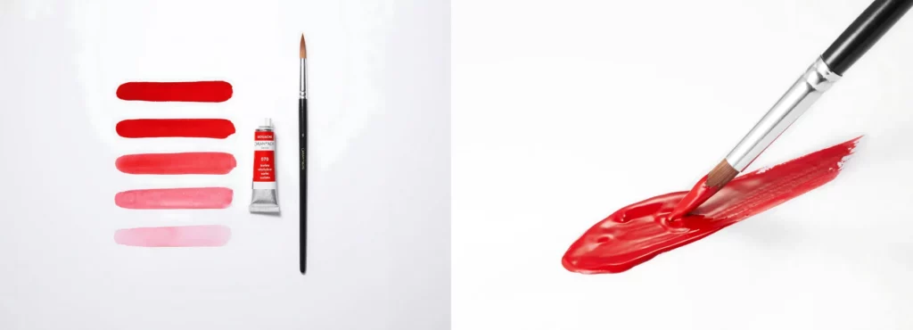 the left image is of a tube of gouache paint next to five colour swatches of the same colour. starting at darkest at the top and lightest at the bottom. on the right of the tube is a paintbrush. on a white background. the right hand side image is a close up of the red gouache paint being moved around on a surface by a round paintbrush. it has a silver ferrule and a black handle. on a white background