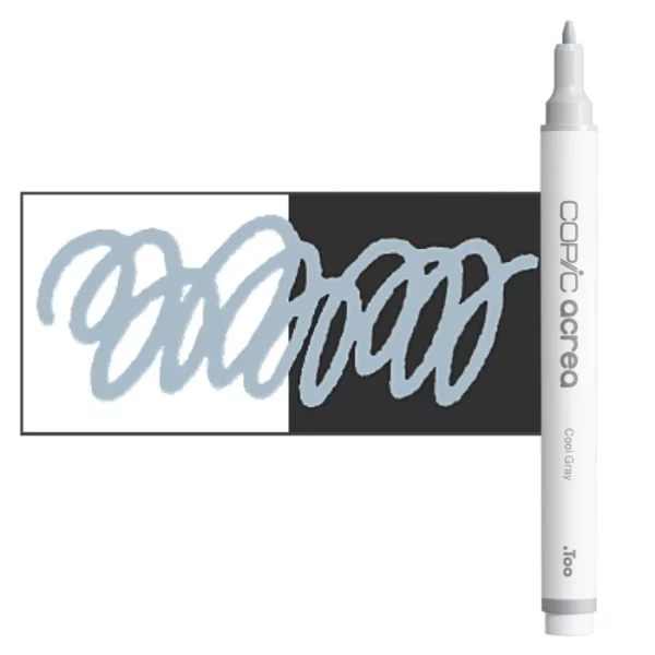 A single Cool Grey Copic Acrea Paint Marker is shown standing vertically along the right hand side of the frame. The marker does not have a lid on, so you can see the round bullet tip. The marker is white with a colour band around the bottom of the marker barrel that denotes the colour of the ink. There is a rectangular colour swatch to the left of the marker, and slightly under the marker. The ink is shown on a squiggle that is overlayed on a white and black bakground so you can see the ink is opaque. The image is center of the frame and on a white background.