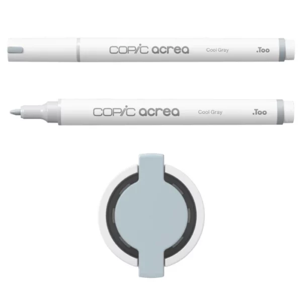 Two Cool Grey Copic Acrea Paint Markers are shown, laying horizontally, one below the other, at the top of the frame. The marker at the top has a lid on and the marker below it has no lid. The markers are white and have a colour band around the base of the barrel that denotes the colour of the ink. The Copic Acrea logo is printed on the barrel of the marker with the colour name. The top of a lid can be seen in the center, bottom of the frame. There is a coloured circle on the cap that denotes the colour of the ink. The image is center of the frame and on a white background.