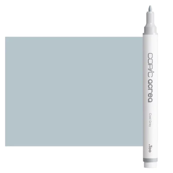 A single Cool Grey Copic Acrea Paint Marker is shown standing vertically along the right hand side of the frame. The marker does not have a lid on, so you can see the round bullet tip. The marker is white with a colour band around the bottom of the marker barrel that denotes the colour of the ink. The Copic Acrea logo and colour name are printed on the barrel of the marker. There is a large, rectangular colour block to the left of the marker, and just underneath the marker that is filled with the colour of the ink. The image is center of the frame and on a white background.