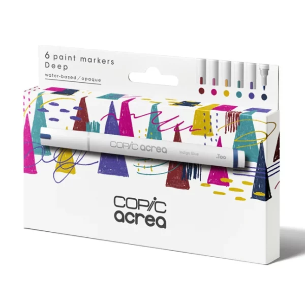 A Copic Acrea Paint Marker Set Deep is shown diagonally in the center of the frame, so you can see the front of the box and one side. There is a picture of a marker on the box and the Copic Acrea logo in the bottom, center of the box. The box is white white an image of coloured triangles printed on it. On a white background.