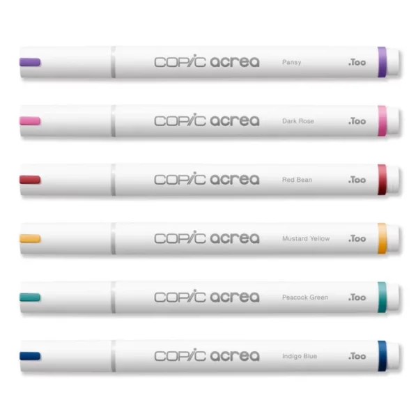 The loose markers from the Copic Acrea Paint Marker Set Deep are shown laying horizontally in the center of the frame. The markers are white with a coloured band on the lid and at the base of each marker that denotes the colour of the marker. The Copic logo is printed on the barrel of each marker with the marker colour. They are stacked one below the other and there are 6 markers. On a white background.