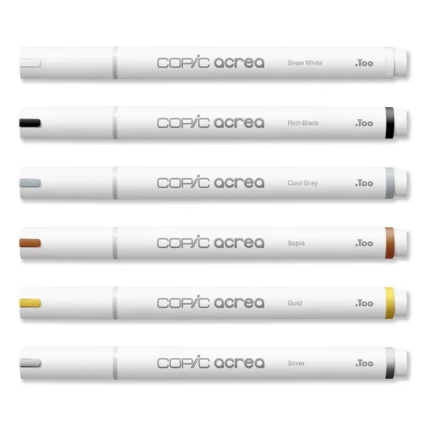 The loose markers from the Copic Acrea Paint Marker Set Essentials are shown laying horizontally in the center of the frame. The markers are white with a coloured band on the lid and at the base of each marker that denotes the colour of the marker. The Copic logo is printed on the barrel of each marker with the marker colour. They are stacked one below the other and there are 6 markers. On a white background.