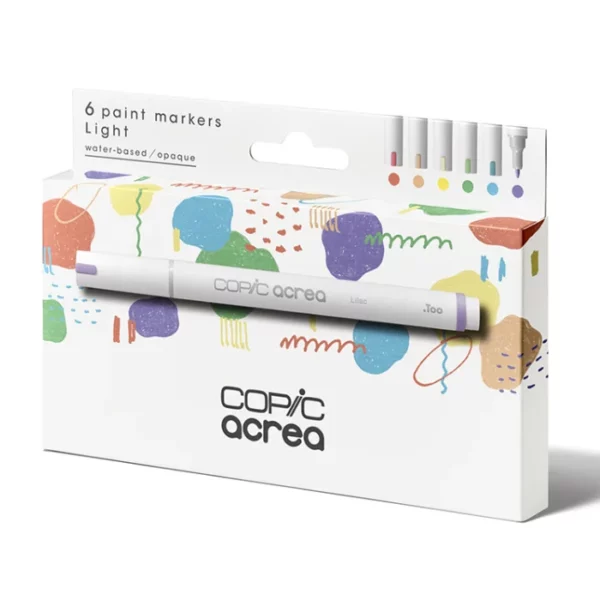 A Copic Acrea Paint Marker Set Light is shown diagonally in the center of the frame, so you can see the front of the box and one side. There is a picture of a marker on the box and the Copic Acrea logo in the bottom, center of the box. The box is white white an image of coloured triangles printed on it. On a white background.