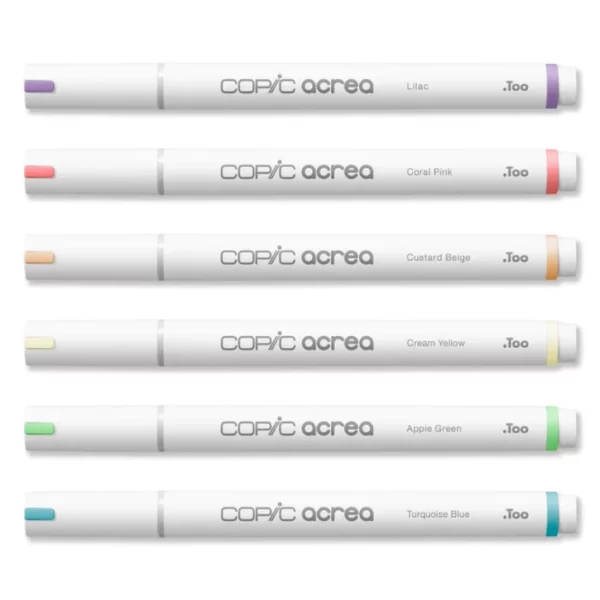 The loose markers from the Copic Acrea Paint Marker Set Light are shown laying horizontally in the center of the frame. The markers are white with a coloured band on the lid and at the base of each marker that denotes the colour of the marker. The Copic logo is printed on the barrel of each marker with the marker colour. They are stacked one below the other and there are 6 markers. On a white background.