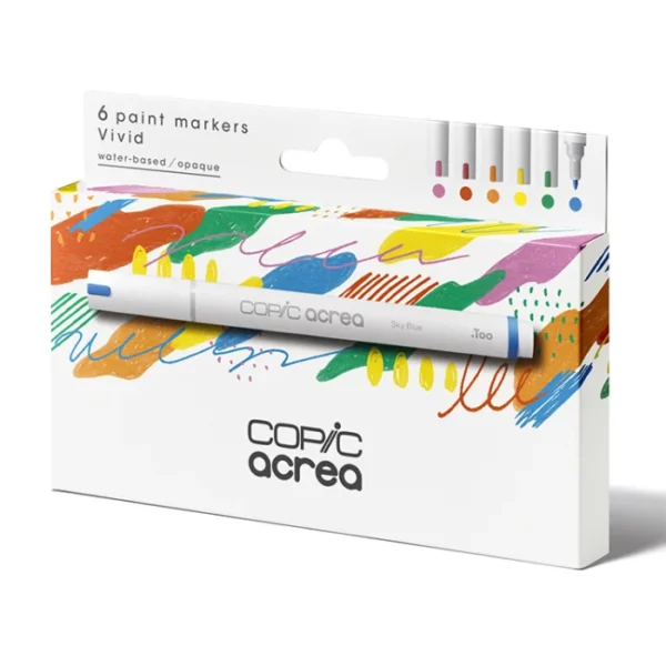 A Copic Acrea Paint Marker Set Vivid is shown diagonally in the center of the frame, so you can see the front of the box and one side. There is a picture of a marker on the box and the Copic Acrea logo in the bottom, center of the box. The box is white white an image of coloured triangles printed on it. On a white background.