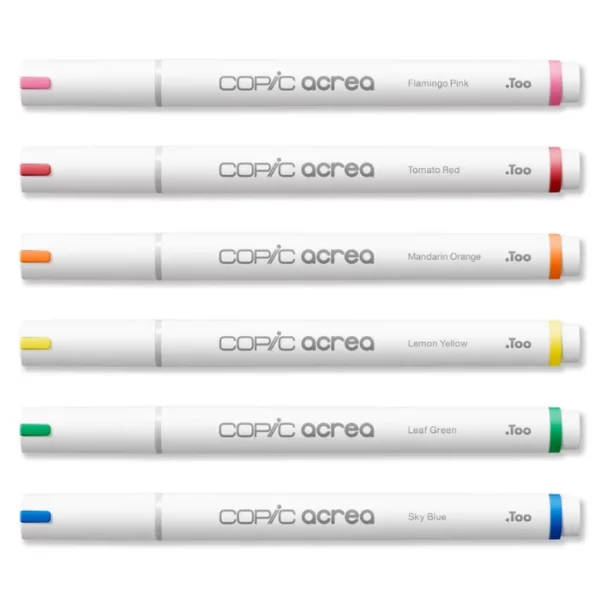 The loose markers from the Copic Acrea Paint Marker Set Vivid are shown laying horizontally in the center of the frame. The markers are white with a coloured band on the lid and at the base of each marker that denotes the colour of the marker. The Copic logo is printed on the barrel of each marker with the marker colour. They are stacked one below the other and there are 6 markers. On a white background.