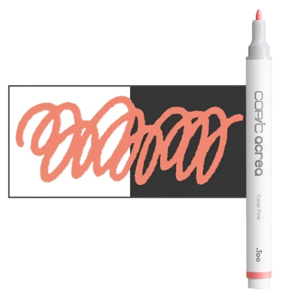 A single Coral Pink Copic Acrea Paint Marker is shown standing vertically along the right hand side of the frame. The marker does not have a lid on, so you can see the round bullet tip. The marker is white with a colour band around the bottom of the marker barrel that denotes the colour of the ink. There is a rectangular colour swatch to the left of the marker, and slightly under the marker. The ink is shown on a squiggle that is overlayed on a white and black bakground so you can see the ink is opaque. The image is center of the frame and on a white background.