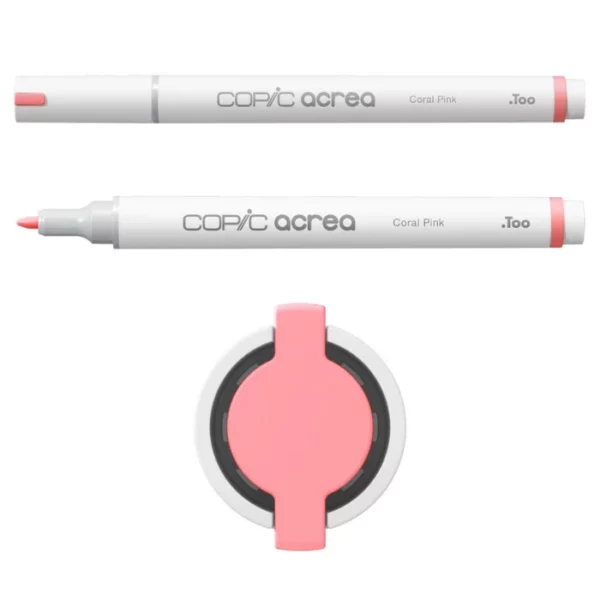 Two Coral Pink Copic Acrea Paint Markers are shown, laying horizontally, one below the other, at the top of the frame. The marker at the top has a lid on and the marker below it has no lid. The markers are white and have a colour band around the base of the barrel that denotes the colour of the ink. The Copic Acrea logo is printed on the barrel of the marker with the colour name. The top of a lid can be seen in the center, bottom of the frame. There is a coloured circle on the cap that denotes the colour of the ink. The image is center of the frame and on a white background.