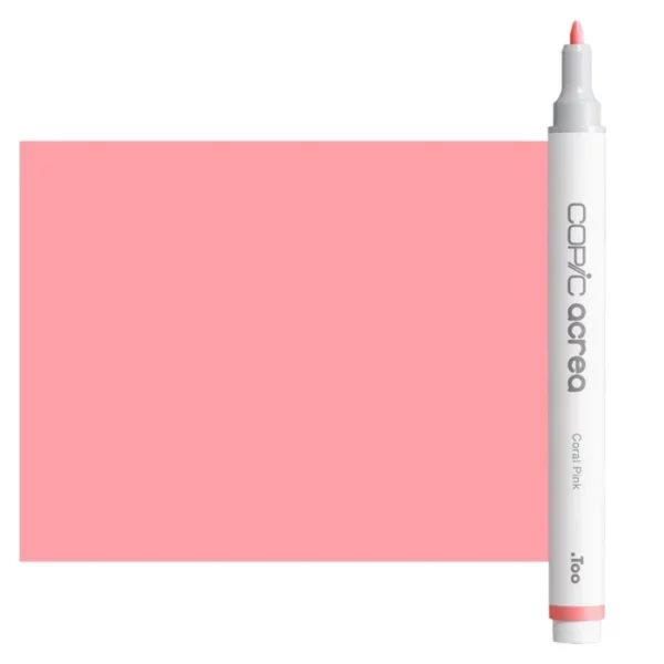 A single Coral Pink Copic Acrea Paint Marker is shown standing vertically along the right hand side of the frame. The marker does not have a lid on, so you can see the round bullet tip. The marker is white with a colour band around the bottom of the marker barrel that denotes the colour of the ink. The Copic Acrea logo and colour name are printed on the barrel of the marker. There is a large, rectangular colour block to the left of the marker, and just underneath the marker that is filled with the colour of the ink. The image is center of the frame and on a white background.