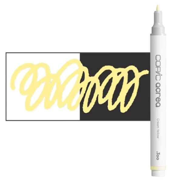 A single Cream Yellow Copic Acrea Paint Marker is shown standing vertically along the right hand side of the frame. The marker does not have a lid on, so you can see the round bullet tip. The marker is white with a colour band around the bottom of the marker barrel that denotes the colour of the ink. There is a rectangular colour swatch to the left of the marker, and slightly under the marker. The ink is shown on a squiggle that is overlayed on a white and black bakground so you can see the ink is opaque. The image is center of the frame and on a white background.