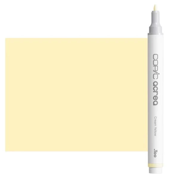 A single Cream Yellow Copic Acrea Paint Marker is shown standing vertically along the right hand side of the frame. The marker does not have a lid on, so you can see the round bullet tip. The marker is white with a colour band around the bottom of the marker barrel that denotes the colour of the ink. The Copic Acrea logo and colour name are printed on the barrel of the marker. There is a large, rectangular colour block to the left of the marker, and just underneath the marker that is filled with the colour of the ink. The image is center of the frame and on a white background.