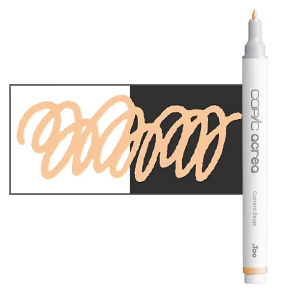 A single Custard Beige Copic Acrea Paint Marker is shown standing vertically along the right hand side of the frame. The marker does not have a lid on, so you can see the round bullet tip. The marker is white with a colour band around the bottom of the marker barrel that denotes the colour of the ink. There is a rectangular colour swatch to the left of the marker, and slightly under the marker. The ink is shown on a squiggle that is overlayed on a white and black bakground so you can see the ink is opaque. The image is center of the frame and on a white background.