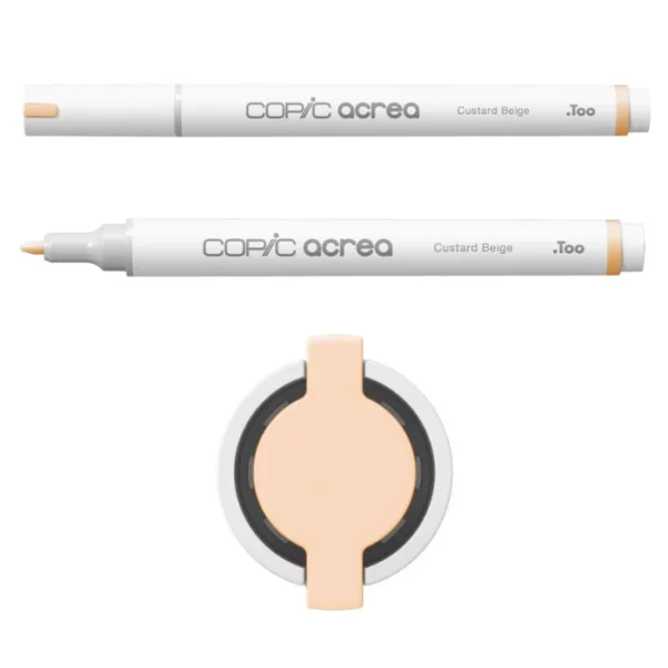 Two Custard Beige Copic Acrea Paint Markers are shown, laying horizontally, one below the other, at the top of the frame. The marker at the top has a lid on and the marker below it has no lid. The markers are white and have a colour band around the base of the barrel that denotes the colour of the ink. The Copic Acrea logo is printed on the barrel of the marker with the colour name. The top of a lid can be seen in the center, bottom of the frame. There is a coloured circle on the cap that denotes the colour of the ink. The image is center of the frame and on a white background.