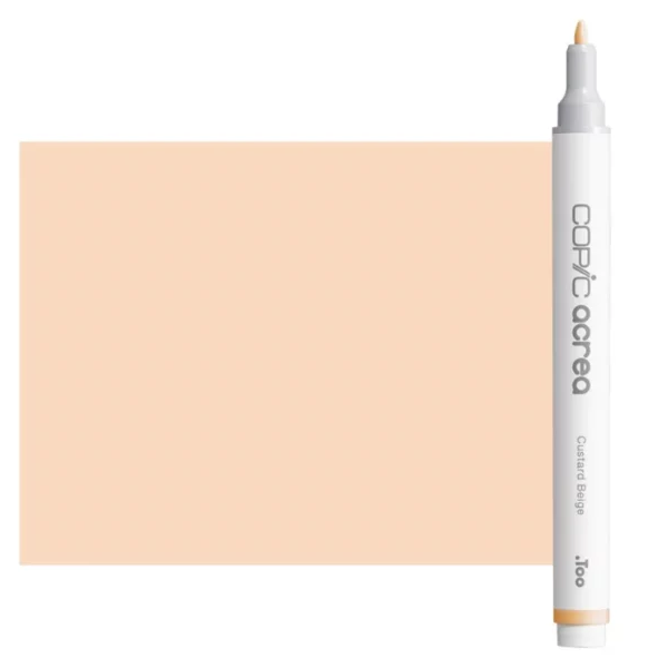 A single Custard Beige Copic Acrea Paint Marker is shown standing vertically along the right hand side of the frame. The marker does not have a lid on, so you can see the round bullet tip. The marker is white with a colour band around the bottom of the marker barrel that denotes the colour of the ink. The Copic Acrea logo and colour name are printed on the barrel of the marker. There is a large, rectangular colour block to the left of the marker, and just underneath the marker that is filled with the colour of the ink. The image is center of the frame and on a white background.