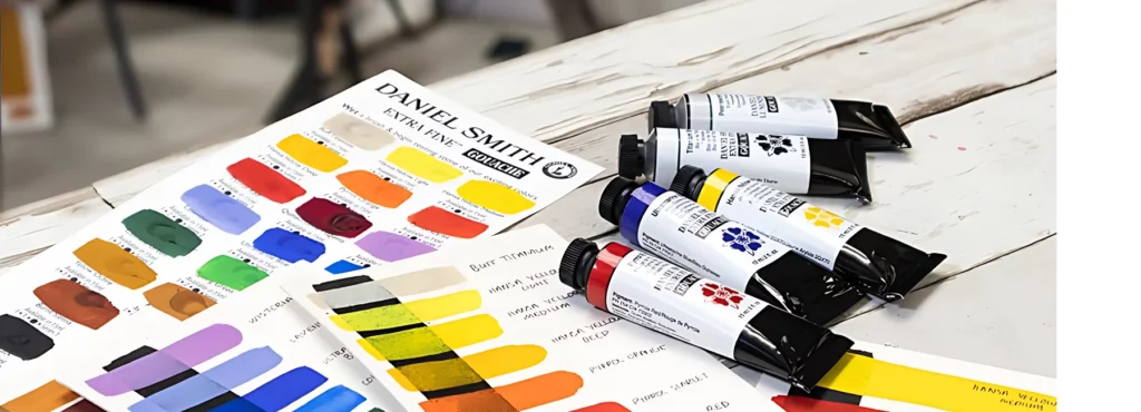 on a white wood table there are five tubes of gouache lined up on the colour charts. they show how they work on black and white papers. the background is a blur of the room behind