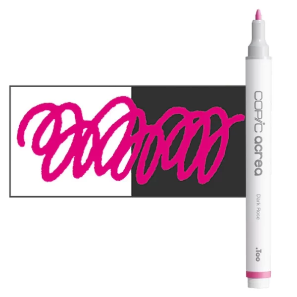 A single Dark Rose Copic Acrea Paint Marker is shown standing vertically along the right hand side of the frame. The marker does not have a lid on, so you can see the round bullet tip. The marker is white with a colour band around the bottom of the marker barrel that denotes the colour of the ink. There is a rectangular colour swatch to the left of the marker, and slightly under the marker. The ink is shown on a squiggle that is overlayed on a white and black bakground so you can see the ink is opaque. The image is center of the frame and on a white background.