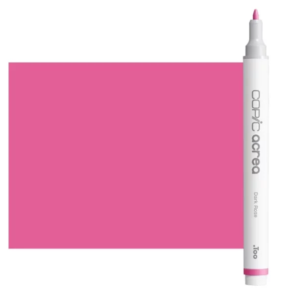 A single Dark Rose Copic Acrea Paint Marker is shown standing vertically along the right hand side of the frame. The marker does not have a lid on, so you can see the round bullet tip. The marker is white with a colour band around the bottom of the marker barrel that denotes the colour of the ink. The Copic Acrea logo and colour name are printed on the barrel of the marker. There is a large, rectangular colour block to the left of the marker, and just underneath the marker that is filled with the colour of the ink. The image is center of the frame and on a white background.