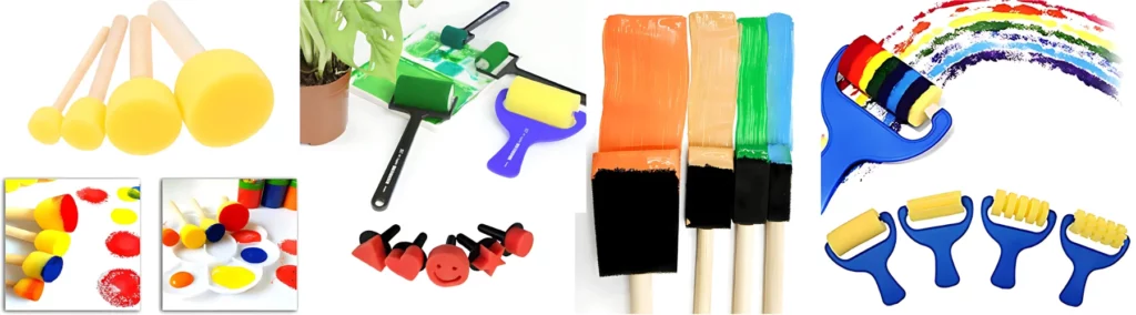 on the far left there are sponges htat are yellow and round and below them there is a image of them with paint on showinghow they work. next to that is an image of the rollers that are rolling green paint onto paper. beneath that are the shaped sponges with black stick attahced to them. to the right are black sponge applicatore with wooden handles and they are painting coloured striped above them. to the far right are the foam rolled all lined up at the botom showing the different patterns on each roller and then a large one above with rainbow paint being painted onto a surface