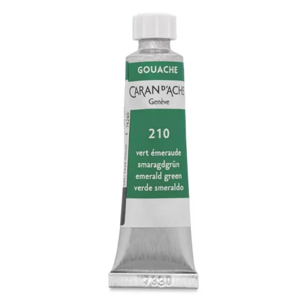 A single tube of Emerald Green Caran D'Ache Studio Gouache Tube is shown vertically in the center of the frame. The tube is silver and has a label around the body of the tube, that is printed in the colour of the paint. The Caran D'Ache logo, Paint Colour and details are printed on the label. The tube has a white plastic screw on cap. On a white background.